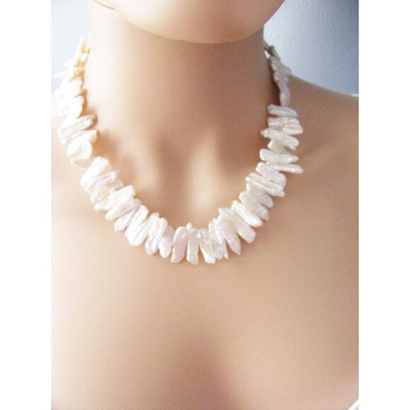 Biwa Stick pearl necklace sterling Silver clasp - Picture 5 of 10